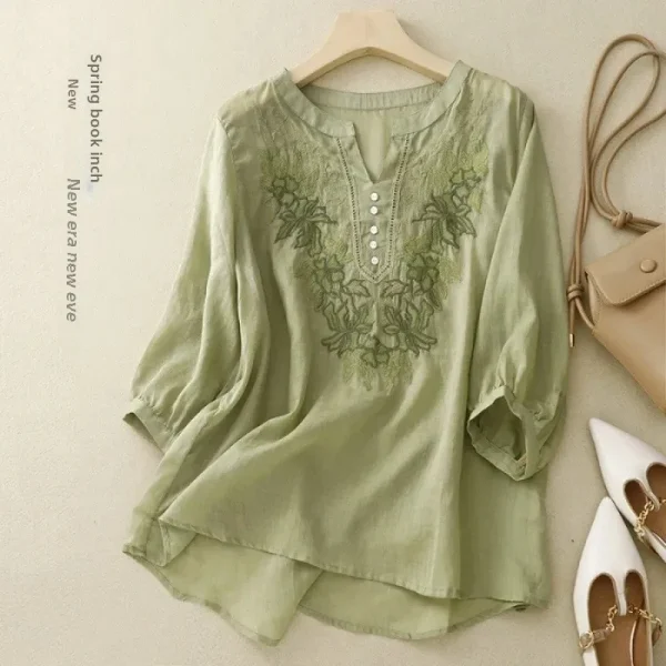 Summer New Fashion Embroidery Cotton Linen Artistic Shirt Top Vintage Shirt Women's Loose Fit Short Sleeves Women's - Image 8