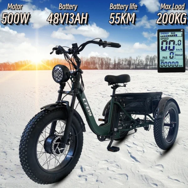 New 3-Wheeled Electric Vehicle 500W Motor 48V13AH Fat Tire Snow Cargo E-Bike Elderly Parent-Child Travel Electric 3-Wheeled Bike - Image 9