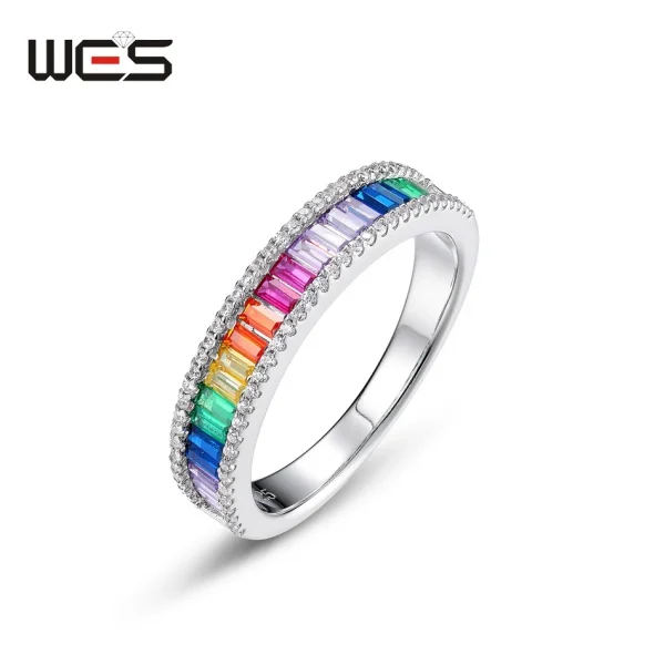 WES 925 Sterling Silver Rainbow CZ Rings for Woman Geometric Crystal Gemstone Wedding Jewelry Birthday Gift for Mom Wholesale - Image 13
