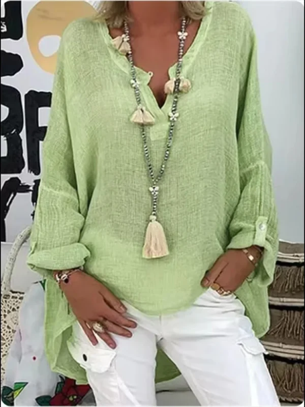 6-Color Loose Shirt Women's Casual Solid Color Top Spring Autumn V-Neck Long Sleeved Blouse - Image 4