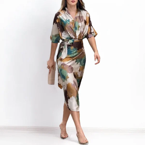 Elegant Women's Maxi Dress Summer Casual Office Solid Short Sleeve V Neck Waist Length With Belt Tie Up Slit Party Dresses - Image 3