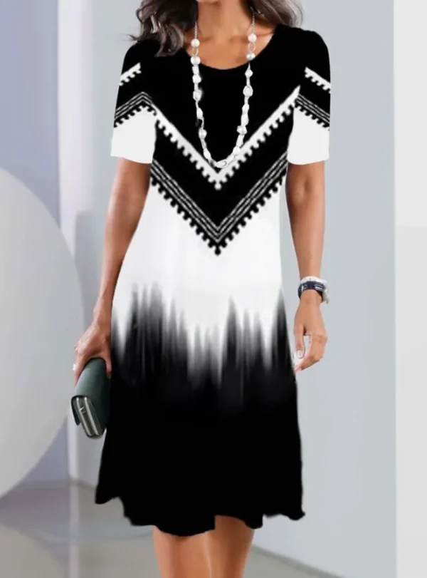 2024 Print Dress Elegant Floral Print Midi Dress For Women Round Neck A-line Knee Length Dress With Gradient Color For Ladies - Image 27