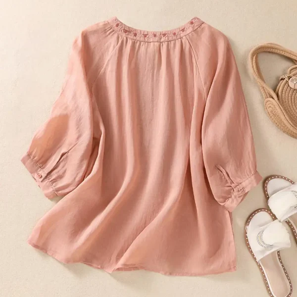 Cotton Linen Flower Embroidery Shirt Women Three Quarter Sleeves V Neck  Casual Blouse Loose Solid Color Mother Blouse Women Top - Image 15