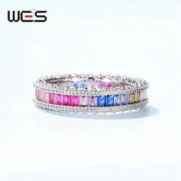WES 925 Sterling Silver Rainbow CZ Rings for Woman Geometric Crystal Gemstone Wedding Jewelry Birthday Gift for Mom Wholesale - Image 26