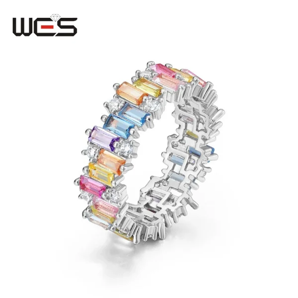 WES 925 Sterling Silver Rainbow CZ Rings for Woman Geometric Crystal Gemstone Wedding Jewelry Birthday Gift for Mom Wholesale - Image 12
