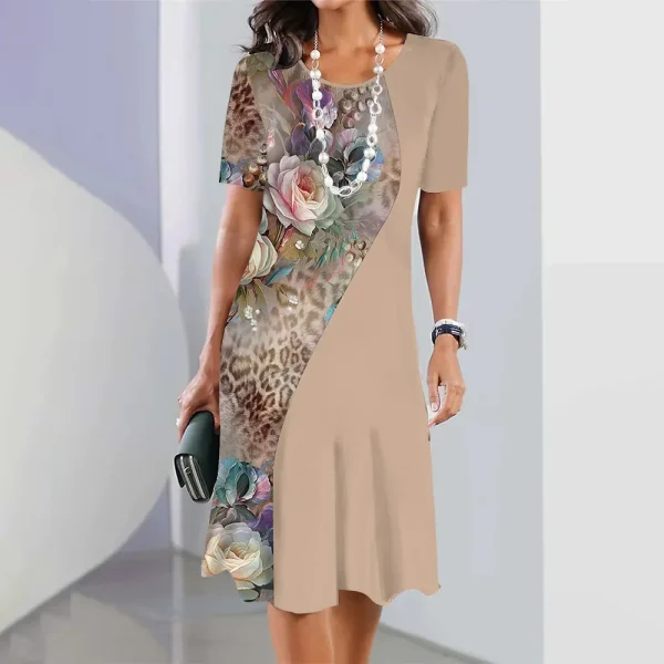 2024 Print Dress Elegant Floral Print Midi Dress For Women Round Neck A-line Knee Length Dress With Gradient Color For Ladies - Image 10