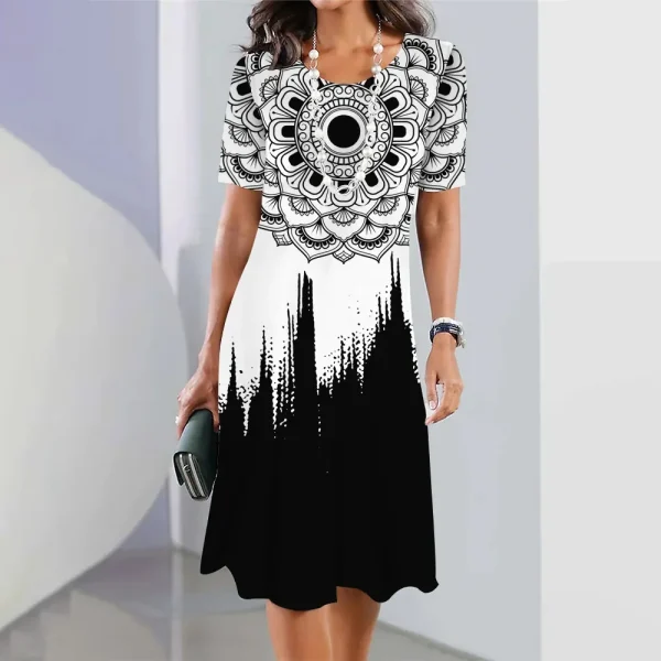 2024 Print Dress Elegant Floral Print Midi Dress For Women Round Neck A-line Knee Length Dress With Gradient Color For Ladies - Image 42