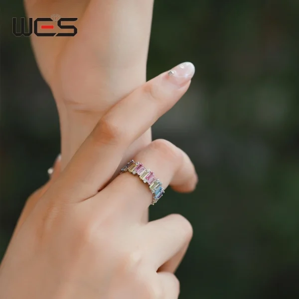 WES 925 Sterling Silver Rainbow CZ Rings for Woman Geometric Crystal Gemstone Wedding Jewelry Birthday Gift for Mom Wholesale - Image 3