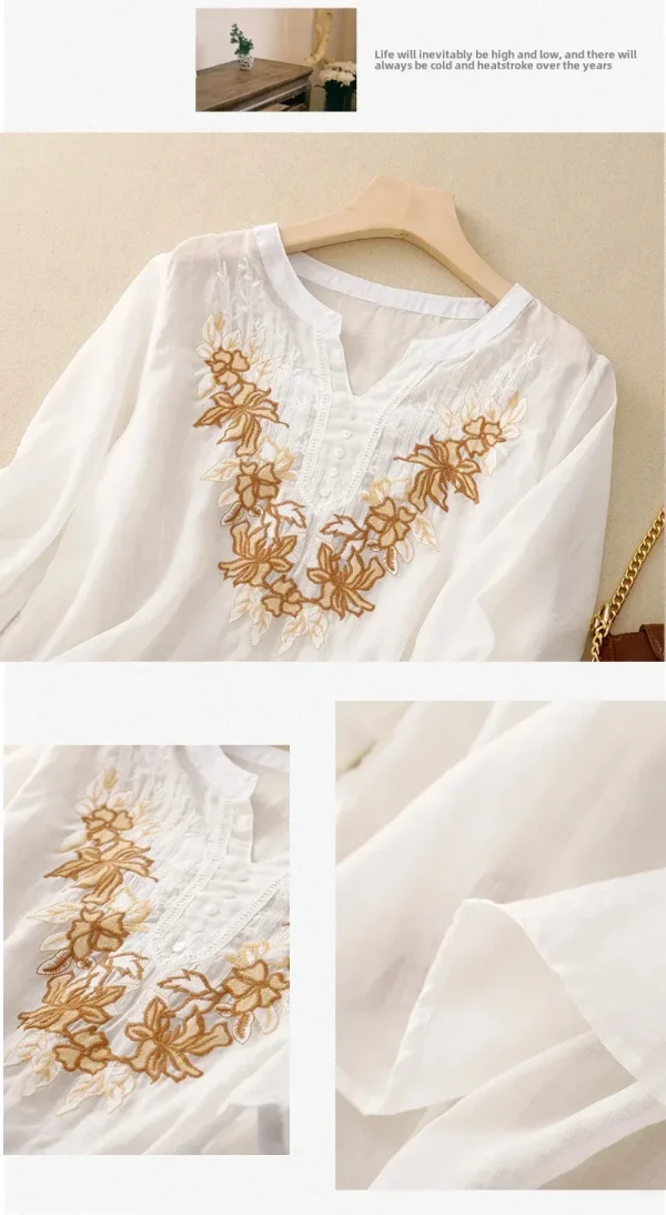 Summer New Fashion Embroidery Cotton Linen Artistic Shirt Top Vintage Shirt Women's Loose Fit Short Sleeves Women's - Image 19