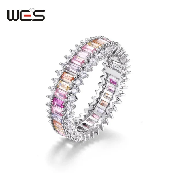 WES 925 Sterling Silver Rainbow CZ Rings for Woman Geometric Crystal Gemstone Wedding Jewelry Birthday Gift for Mom Wholesale - Image 8