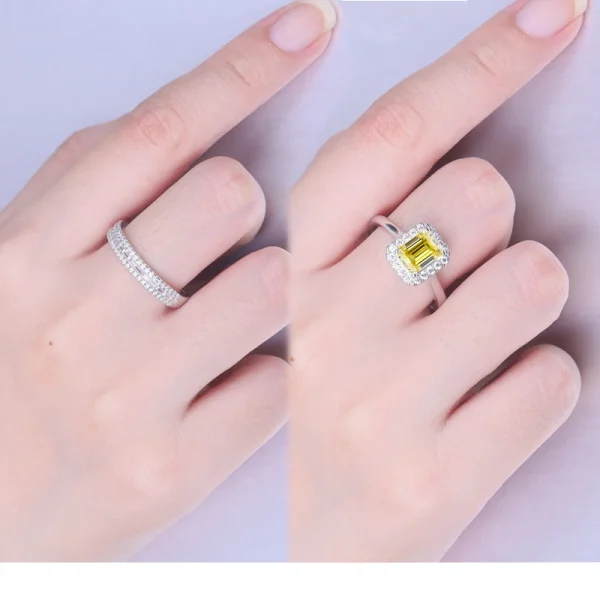 FIRERING 100% True Yellow Moissanite Two Rings Band 2ct 6x8MM Emerald Cut GRA Certificate Women Jewelry Gift S925 Silver - Image 6