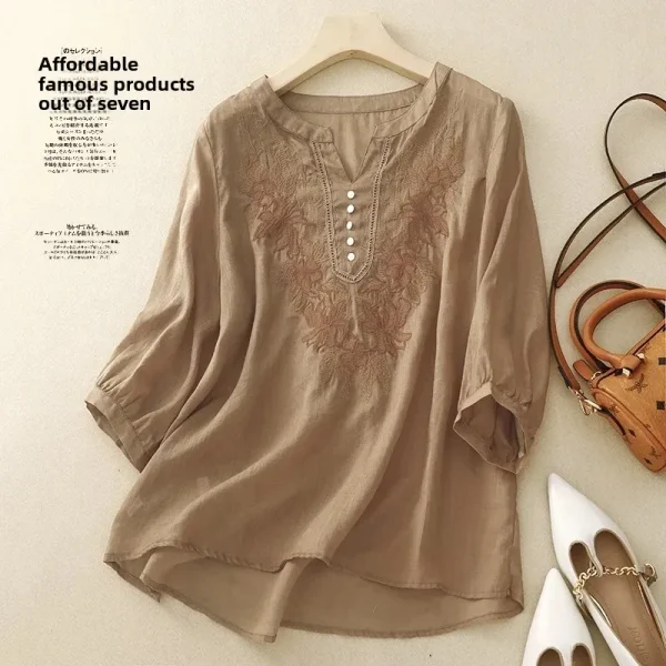 Summer New Fashion Embroidery Cotton Linen Artistic Shirt Top Vintage Shirt Women's Loose Fit Short Sleeves Women's - Image 2