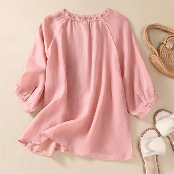 Cotton Linen Flower Embroidery Shirt Women Three Quarter Sleeves V Neck  Casual Blouse Loose Solid Color Mother Blouse Women Top - Image 13