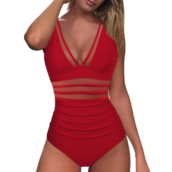 Mesh 1 Piece Swimsuit Sexy Deep V Swimwear Push Up Padded Bikini Solid Ruched Women Monokini Beachwear Brazilian Bathing Suit - Image 20