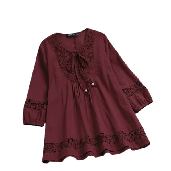 T Shirt Women Spring Autumn Cotton Linen Splicing Lace Temperament 3/4 Sleeve Loose Top T-shirt Tshirt women's Clothing YLY016 - Image 5