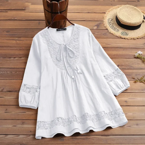 T Shirt Women Spring Autumn Cotton Linen Splicing Lace Temperament 3/4 Sleeve Loose Top T-shirt Tshirt women's Clothing YLY016 - Image 12