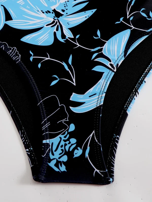 2025 Women's Swimsuit 1-Piece Swimsuit with Tropical Printed Neck Combo - High Elasticity Fabric, Vibrant Blue Black Flower Desi - Image 6