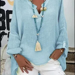 6-Color Loose Shirt Women's Casual Solid Color Top Spring Autumn V-Neck Long Sleeved Blouse
