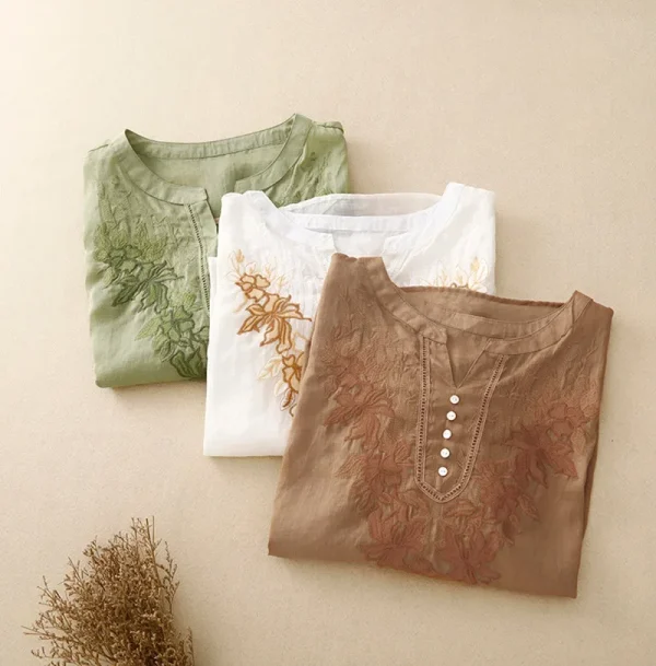 Summer New Fashion Embroidery Cotton Linen Artistic Shirt Top Vintage Shirt Women's Loose Fit Short Sleeves Women's - Image 10
