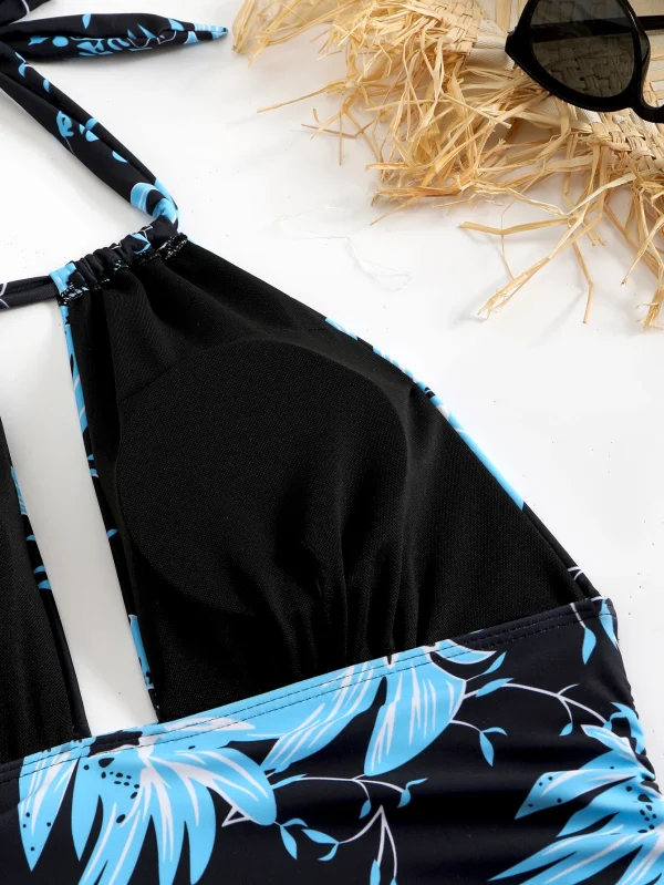 2025 Women's Swimsuit 1-Piece Swimsuit with Tropical Printed Neck Combo - High Elasticity Fabric, Vibrant Blue Black Flower Desi - Image 5