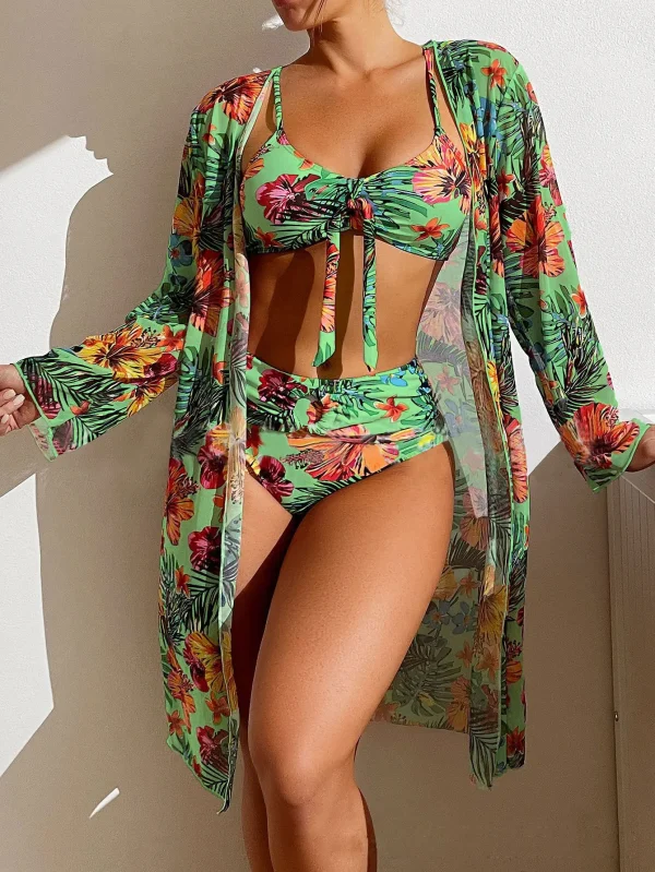 Split Three Piece Floral Printed Swimsuit Women Bikini Set Wireless Bra with Pad Sport Top Long sleeve Blouse Swimwear Plus Size - Image 5