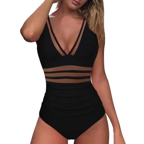 Mesh 1 Piece Swimsuit Sexy Deep V Swimwear Push Up Padded Bikini Solid Ruched Women Monokini Beachwear Brazilian Bathing Suit - Image 18