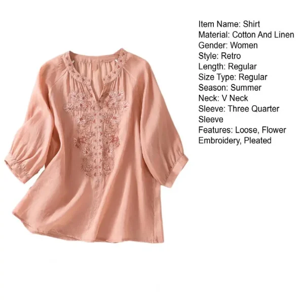 Cotton Linen Flower Embroidery Shirt Women Three Quarter Sleeves V Neck  Casual Blouse Loose Solid Color Mother Blouse Women Top - Image 22