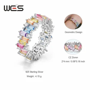 WES 925 Sterling Silver Rainbow CZ Rings for Woman Geometric Crystal Gemstone Wedding Jewelry Birthday Gift for Mom Wholesale