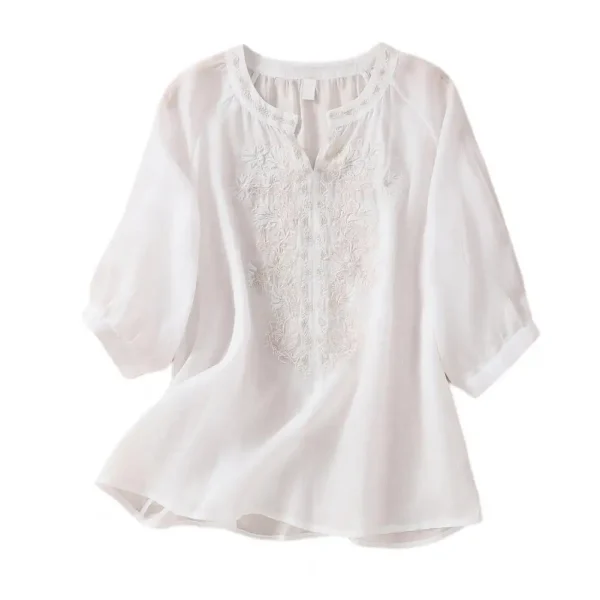 Cotton Linen Flower Embroidery Shirt Women Three Quarter Sleeves V Neck  Casual Blouse Loose Solid Color Mother Blouse Women Top - Image 7