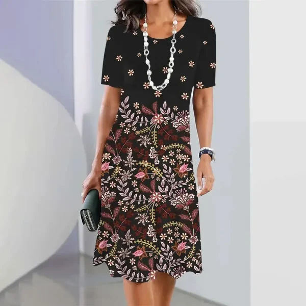 2024 Print Dress Elegant Floral Print Midi Dress For Women Round Neck A-line Knee Length Dress With Gradient Color For Ladies - Image 33