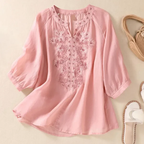 Cotton Linen Flower Embroidery Shirt Women Three Quarter Sleeves V Neck  Casual Blouse Loose Solid Color Mother Blouse Women Top - Image 12