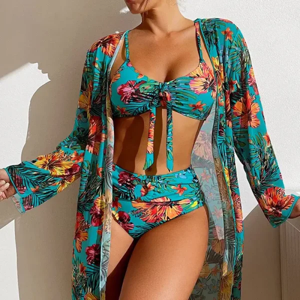 Split Three Piece Floral Printed Swimsuit Women Bikini Set Wireless Bra with Pad Sport Top Long sleeve Blouse Swimwear Plus Size - Image 9