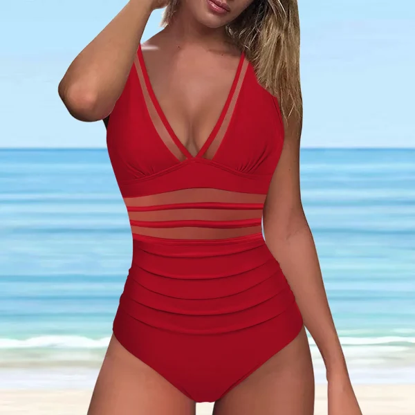Mesh 1 Piece Swimsuit Sexy Deep V Swimwear Push Up Padded Bikini Solid Ruched Women Monokini Beachwear Brazilian Bathing Suit - Image 8