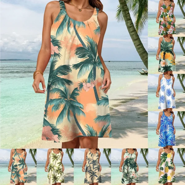 Summer Womens Boho Vacation Dress Casual Holiday Beach Sundress Hawaii Print Ruffle Sleeveless Round Neck Tank Dress Vestido - Image 3