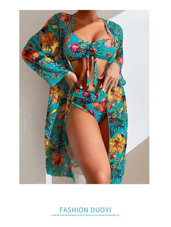 Split Three Piece Floral Printed Swimsuit Women Bikini Set Wireless Bra with Pad Sport Top Long sleeve Blouse Swimwear Plus Size - Image 23