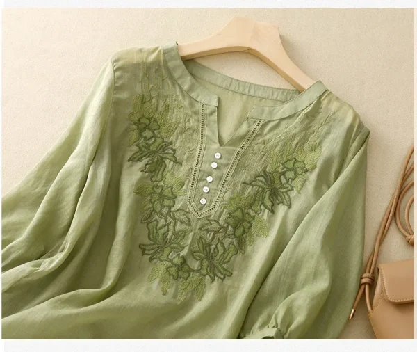 Summer New Fashion Embroidery Cotton Linen Artistic Shirt Top Vintage Shirt Women's Loose Fit Short Sleeves Women's - Image 22