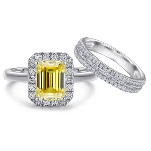 FIRERING 100% True Yellow Moissanite Two Rings Band 2ct 6x8MM Emerald Cut GRA Certificate Women Jewelry Gift S925 Silver