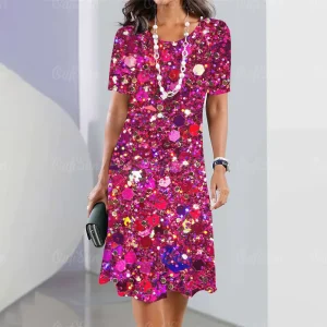 2024 New Women's Dresses Sequin Print Elegant & Beautiful Midi Dresses Plus Size Female Summer One-piece Dress Free Shipping