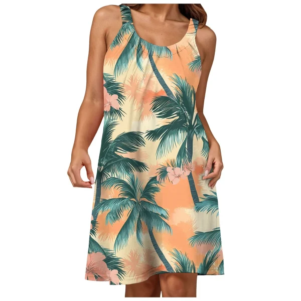 Summer Womens Boho Vacation Dress Casual Holiday Beach Sundress Hawaii Print Ruffle Sleeveless Round Neck Tank Dress Vestido - Image 16