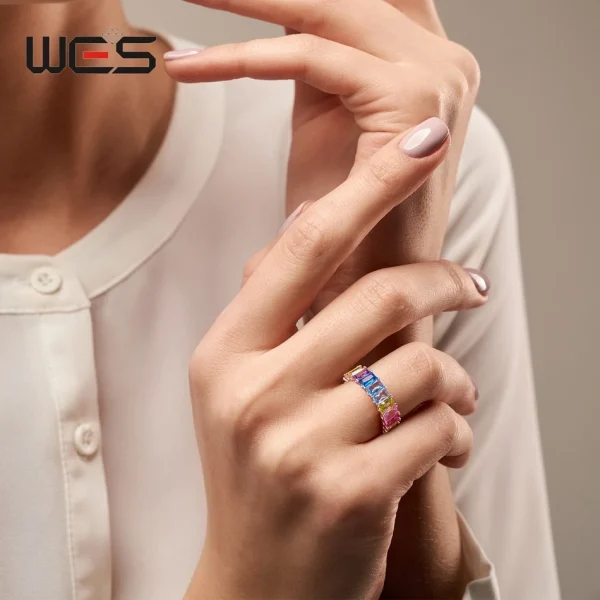 WES 925 Sterling Silver Rainbow CZ Rings for Woman Geometric Crystal Gemstone Wedding Jewelry Birthday Gift for Mom Wholesale - Image 22