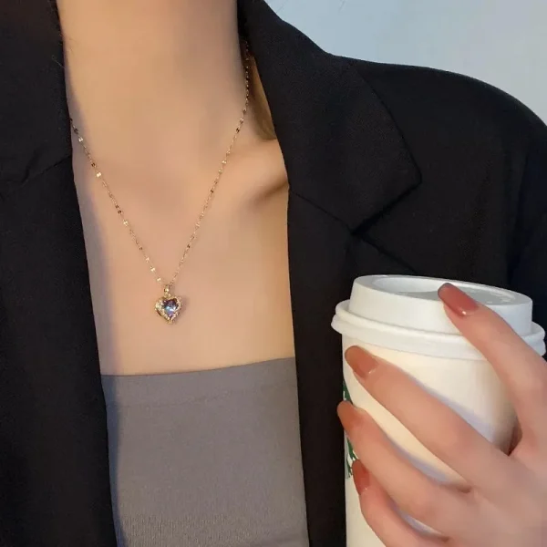 Luxury Colorful Crystal Ocean Heart Pendant Necklace For Women Korean Fashion Stainless Steel Neck Chain Female Wedding Jewelry - Image 13