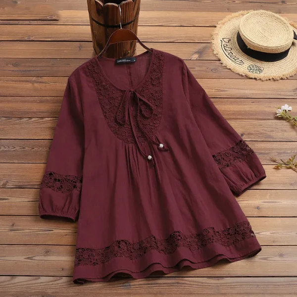 T Shirt Women Spring Autumn Cotton Linen Splicing Lace Temperament 3/4 Sleeve Loose Top T-shirt Tshirt women's Clothing YLY016 - Image 13