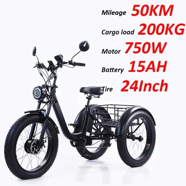 New Electric Tricyle Adult Ebike Cargo 24Inch Fat Tire 750W48V15AH Removable Battery Electric Bike 3Wheel Leisure Max Load 200KG - Image 7