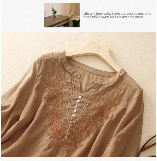 Summer New Fashion Embroidery Cotton Linen Artistic Shirt Top Vintage Shirt Women's Loose Fit Short Sleeves Women's - Image 13