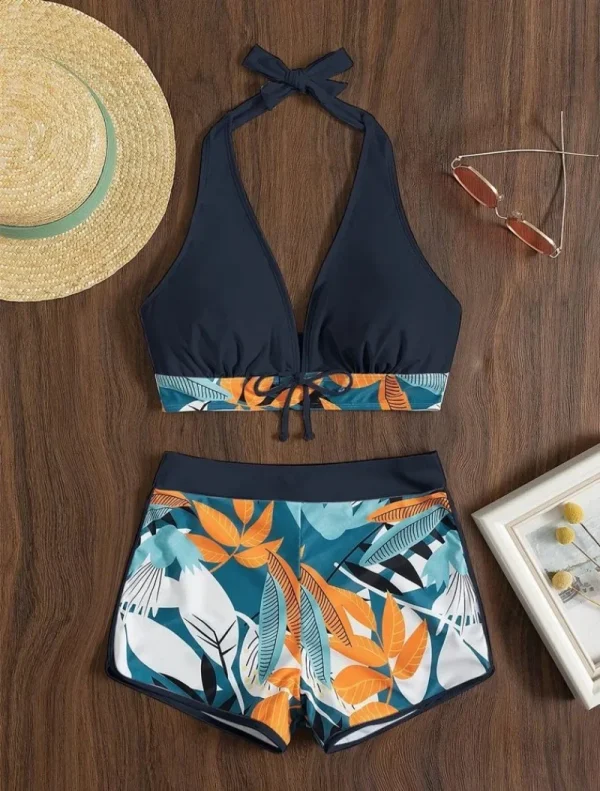 Fashion Printed Swimsuit Women Spliced Lace Up Sporty Surfing Bikini Set Bathing Suit Beachwear Swimwear Female Swimming Suits - Image 4