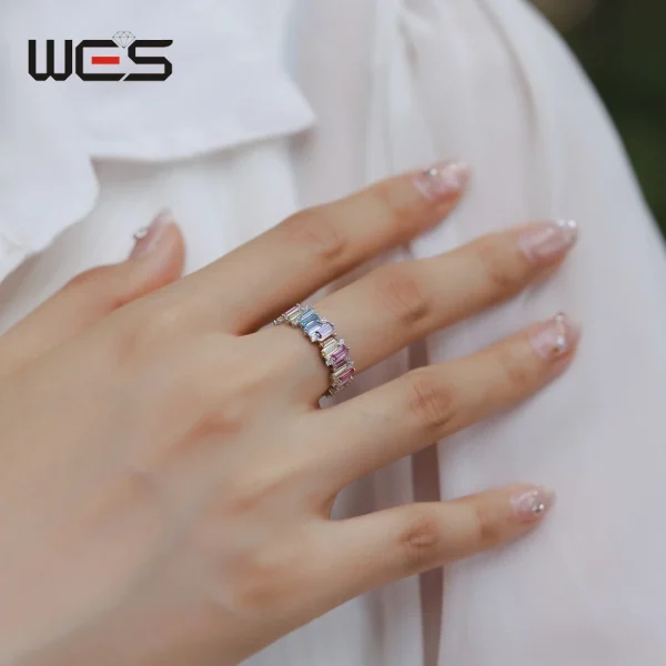 WES 925 Sterling Silver Rainbow CZ Rings for Woman Geometric Crystal Gemstone Wedding Jewelry Birthday Gift for Mom Wholesale - Image 2