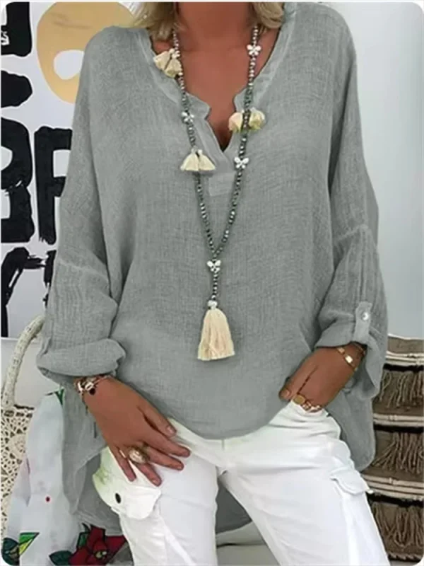 6-Color Loose Shirt Women's Casual Solid Color Top Spring Autumn V-Neck Long Sleeved Blouse - Image 5