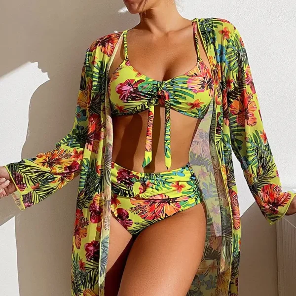Split Three Piece Floral Printed Swimsuit Women Bikini Set Wireless Bra with Pad Sport Top Long sleeve Blouse Swimwear Plus Size - Image 7