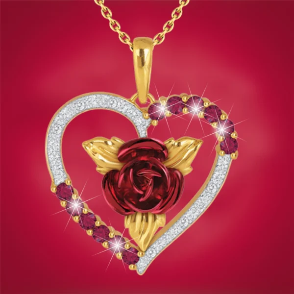 Romantic Heart Shaped Rose Pendant Necklace Red and White Rhinestone Women's Necklace Exquisite Jewelry Valentine's Day Gifts - Image 2