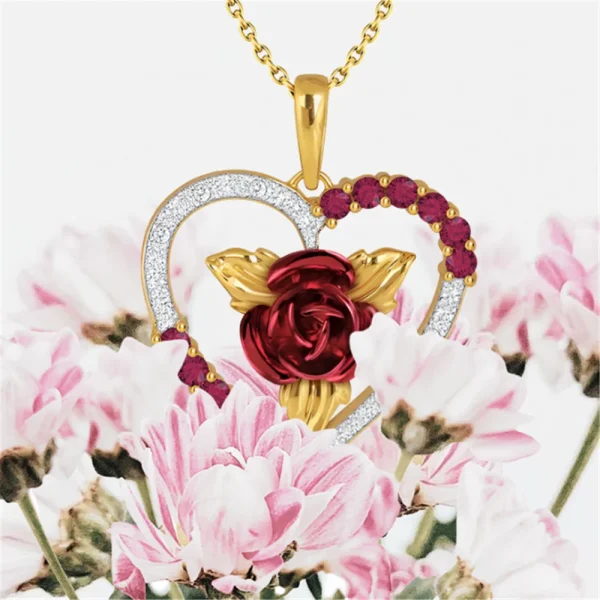 Romantic Heart Shaped Rose Pendant Necklace Red and White Rhinestone Women's Necklace Exquisite Jewelry Valentine's Day Gifts - Image 5